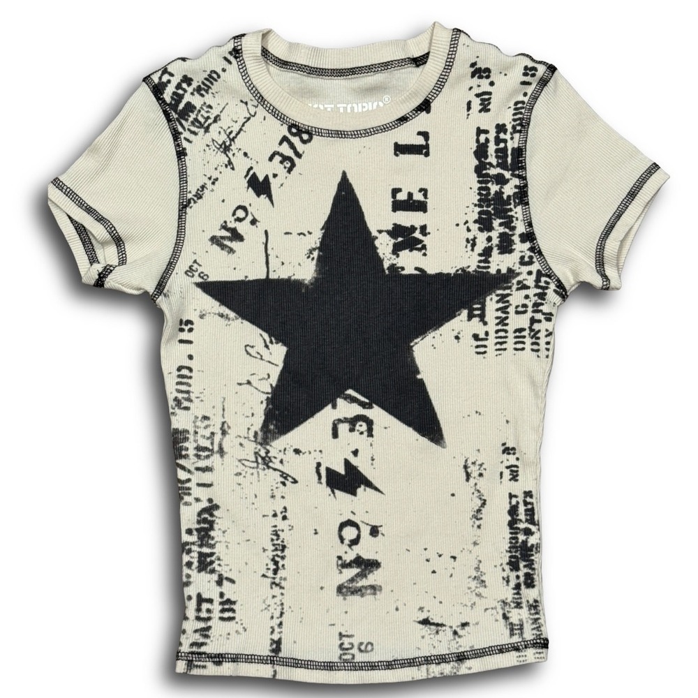 Hot Topic Star Newsprint Ribbed Baby Tee Cream Black Contrast Stitch Small